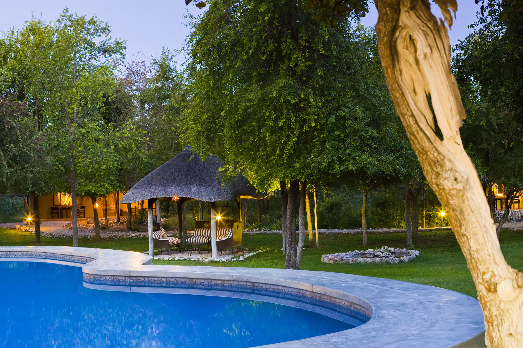 Large crystal-clear swimming pool surrounded by green lawns