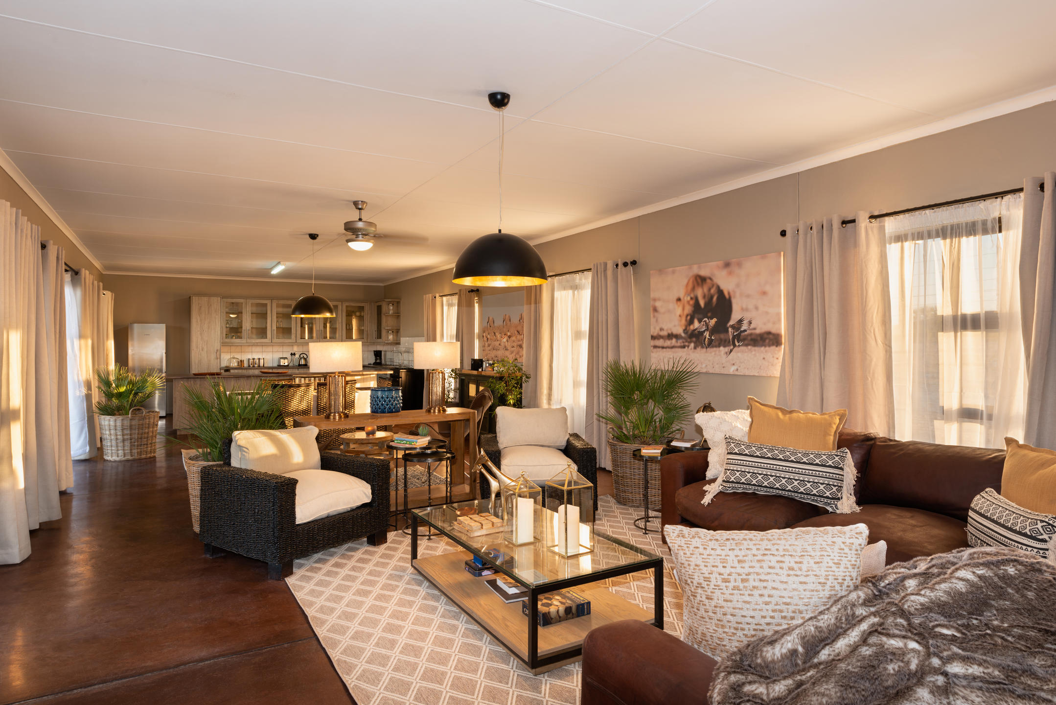 Cozy and elegant main lounge area at Safari House