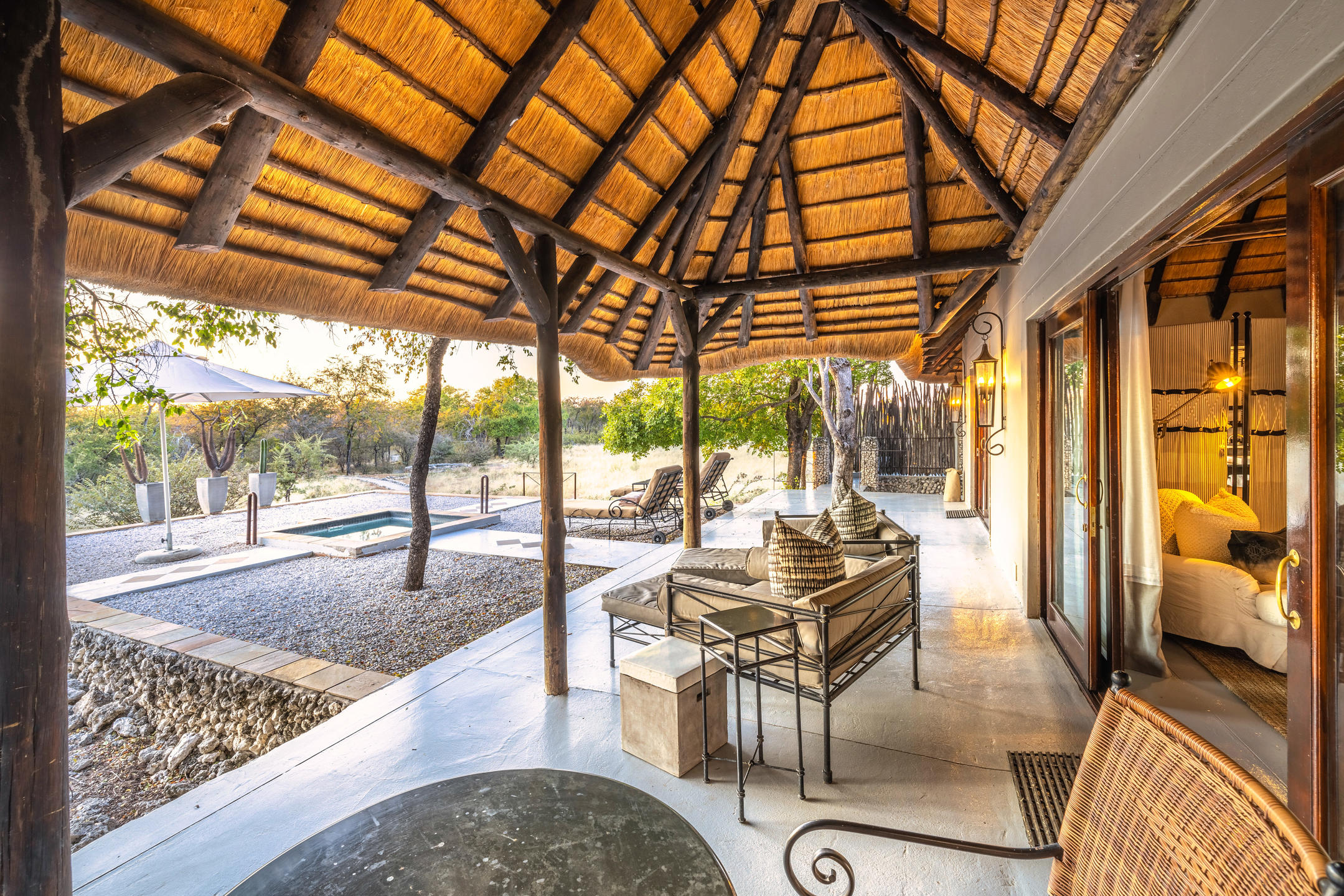 Exclusive villa private terrace and bush surroundings at Villa Mushara